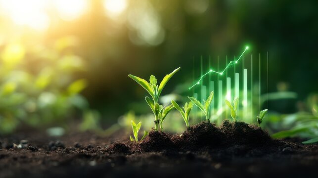 A close-up of green seedlings emerging from soil, with a digital growth graph overlay, symbolizing growth and sustainability in agriculture.