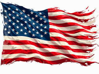 Fototapeta premium Vector design with decorative drawing of torn national flag of usa is fluttering in wind. Fashion t-shirt print. American pattern of stars and wavy stripes for textiles, fabric, clothing.
