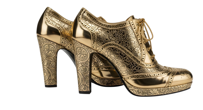 Stunning ornate golden high heel shoes with intricate designs offer a luxurious, vintage, and fashionable style statement for special occasions