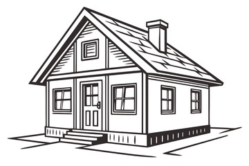 Illustration of a simple house with a chimney and steps in a black outline style drawing