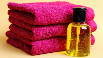 Pink towels stacked, next to a small bottle of yellow gel