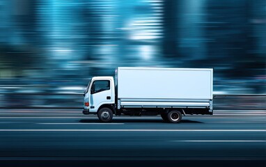 White delivery truck moving fast on city street