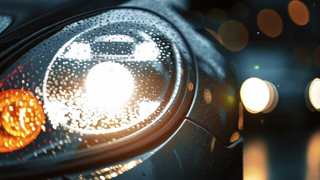 LED headlights turn on as a car navigates the city under nightfall.