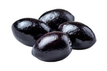 Close-up of four glistening dark purple olives