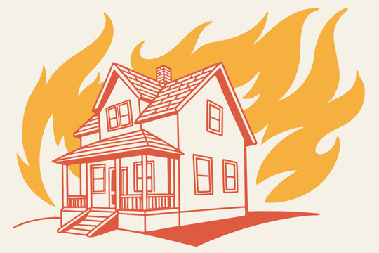 Illustration of a house engulfed in flames representing the danger of fire and the importance of insurance