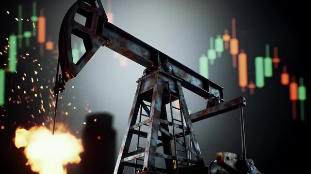 Rusty Oil Pumpjack with Sparks Against Financial Candlestick Chart Background
