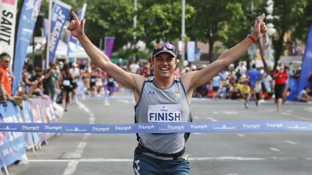Marathon Runner Triumphantly Crosses Finish Line