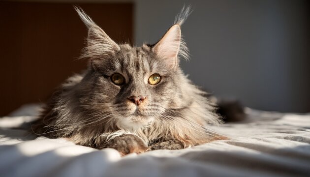 fluffy maine coon cat resting on sunlit bed with soft gray fur and alert expression