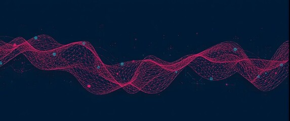 Abstract visualization of a pink digital wave made of a particle mesh on a dark blue background.