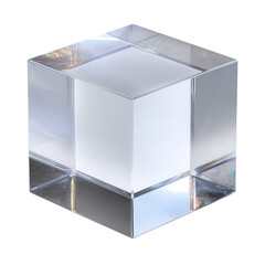 A clear solid glass cube with beveled reflective edges, often used as a modern paperweight or decorative object.
