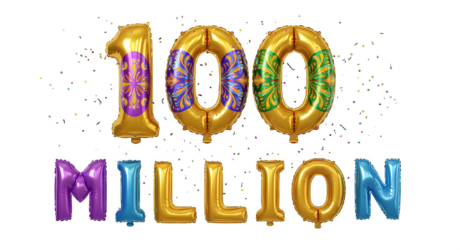Celebrating a major milestone, golden balloons announce one hundred million with confetti, perfect for business achievement or social media success