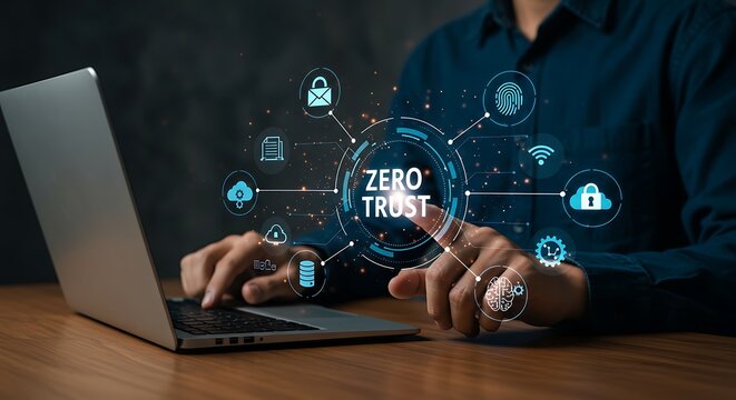 Person using laptop with Zero Trust security technology concept - Powered by Adobe