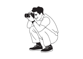 A man is crouching down and taking a picture with a camera vector illustration