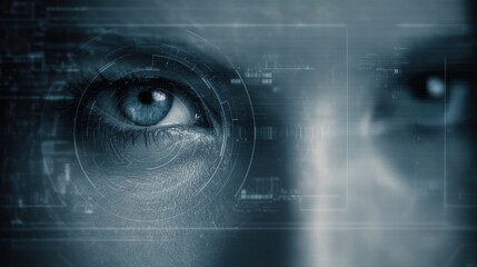 Intriguing Close-Up of a Human Eye With Futuristic Digital Overlay in a Dark Environment Highlighting Technology and Perception