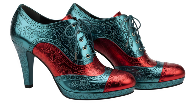 Elegant turquoise and red lace-up high heel shoes with floral designs offer vintage flair and luxurious style for fashion-forward women