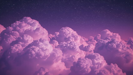 A dreamy and surreal landscape of pink and purple clouds under a starry night sky