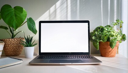 Fototapeta premium modern workspace with a laptop and potted plants