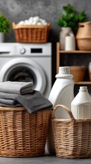 Fototapeta premium Laundry supplies arranged neatly in a bright laundry room featuring washer and towels in woven baskets