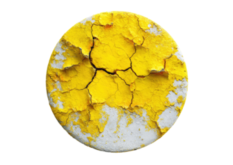 Circular, cracked yellow paint on a white base