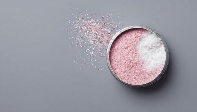 A metallic round container holds two-toned powder; pale pink and white, with a scattering of spilled powder on a gray background