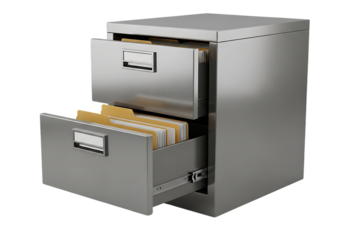 Metallic filing cabinet with open drawers and files isolated on a transparent background image