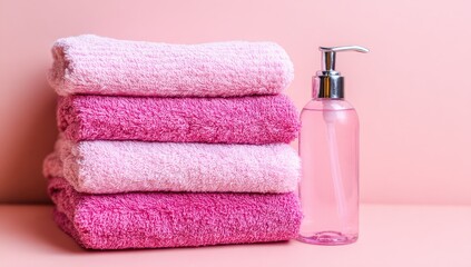 Stack of pink towels and a clear pump bottle