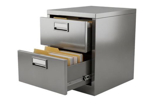 Metallic filing cabinet with open drawers and files isolated on a transparent background image - Powered by Adobe