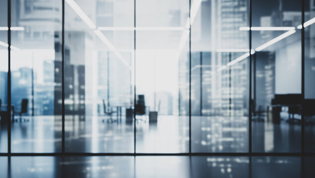 Modern office interior with glass walls and open space, reflecting city buildings in the background and filled with natural daylight from wide panoramic windows.
