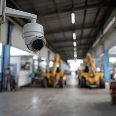 Surveillance camera mounted on wall in warehouse, monitoring area with yellow construction machinery in background. setting conveys sense of security and industrial activity