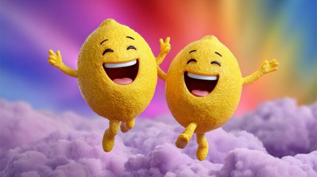 Two lemons are jumping in the air and smiling. Scene is happy and playful
