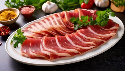 sliced cecina de len on a white plate with regional garnishes