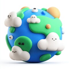 A cheerful 3D rendering of a playful Earth with cute clouds
