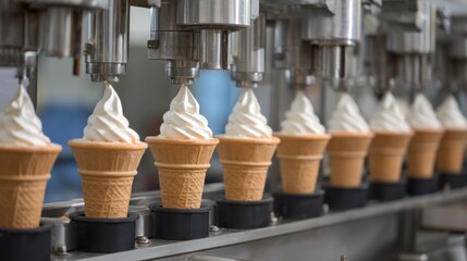 Fototapeta premium Soft serve ice cream being produced on high tech production line, showcasing multiple cones filled with creamy, swirled ice cream. scene captures efficiency and precision of modern manufacturing