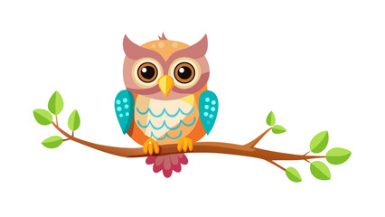 Cute cartoon owl sitting on a tree branch with green leaves