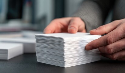 Hands holding a stack of blank white papers