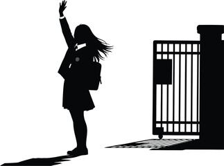 Silhouette of a student waving goodbye near a gate, evoking themes of farewell, departure, and the end of school, rendered in a stark black and white style.