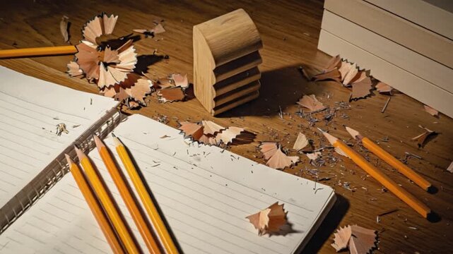 A creative workspace with sharpened pencils, wood shavings, and a wooden stack on a desk