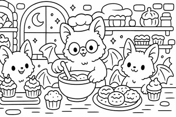 Naklejka premium Cute bats baking treats in a cozy midnight bakery, Fun Coloring Page