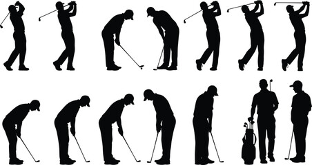 Golf player silhouette collection, swing and putting poses, professional golfer stances, sports vector illustration, golfing action design elements