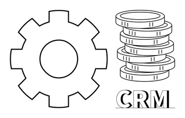 Gear symbolizing systems, coins for revenue, CRM acronym for customer management. Ideal for business, productivity, customer service, finance, system efficiency, sales strategy and process