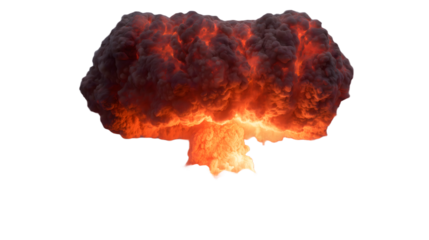 Massive nuclear explosion with fiery mushroom cloud and thick dark smoke, symbolizing war, destruction, and catastrophic disaster, isolated on white background