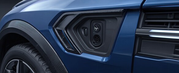 Fototapeta premium Close-up of a dark-blue electric vehicle's side panel, showcasing charging ports and aerodynamic design elements