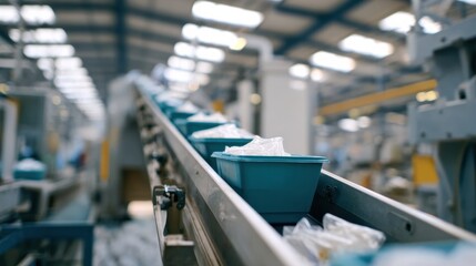 Automated packaging line with blue containers moving along conveyor belt in factory setting, showcasing efficiency and modern technology in production