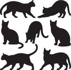 Set of black cat silhouettes in various dynamic poses. Feline collection showing walking, stretching, and sitting actions.