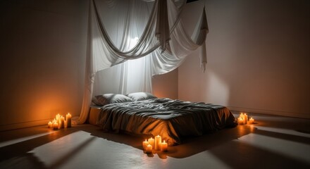 Chiaroscuro Romance: Ethereal Canopy and Candlelight Embrace a Serene Bed