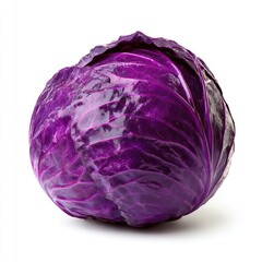 Fototapeta premium A vibrant, round red cabbage with tightly packed, deep purple-red leaves, glossy sheen, and slight shadow, isolated on a white background