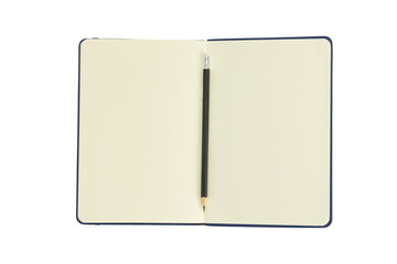Open notebook with blank pages for writing and a pencil, isolated on white background with clipping path.