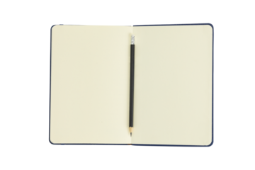 Open notebook with blank pages for writing and a pencil, isolated on white background with clipping path.