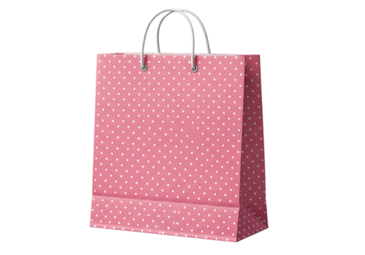 Pink polka dot paper gift bag with white handles isolated on a transparent background image