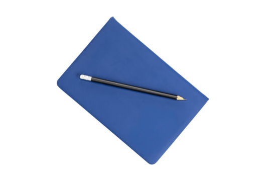 Blue notebook and pencil for school or business planning, isolated on white background with clipping path.